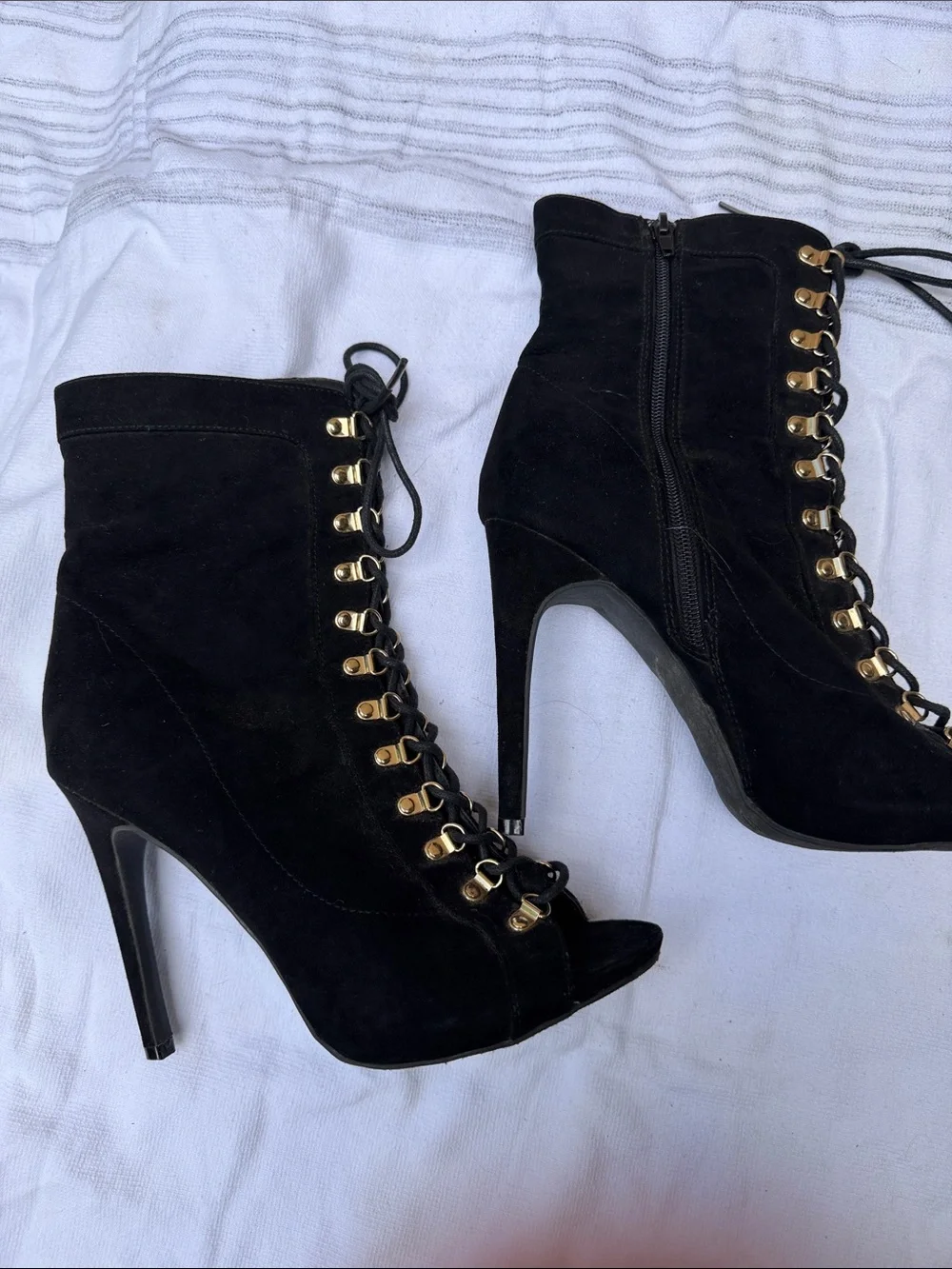 Wild Diva Black Lace-Up Peep Toe Stiletto Booties with Gold Eyelets - Picture 5 of 6